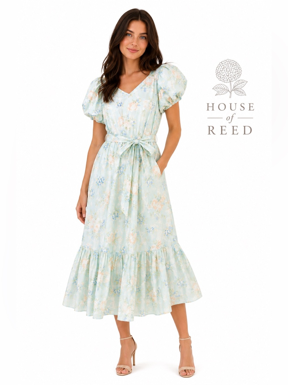 LoveShackFancy x Target Estelle Floral Midi Dress Blue Puff Sleeve Belted Size 0